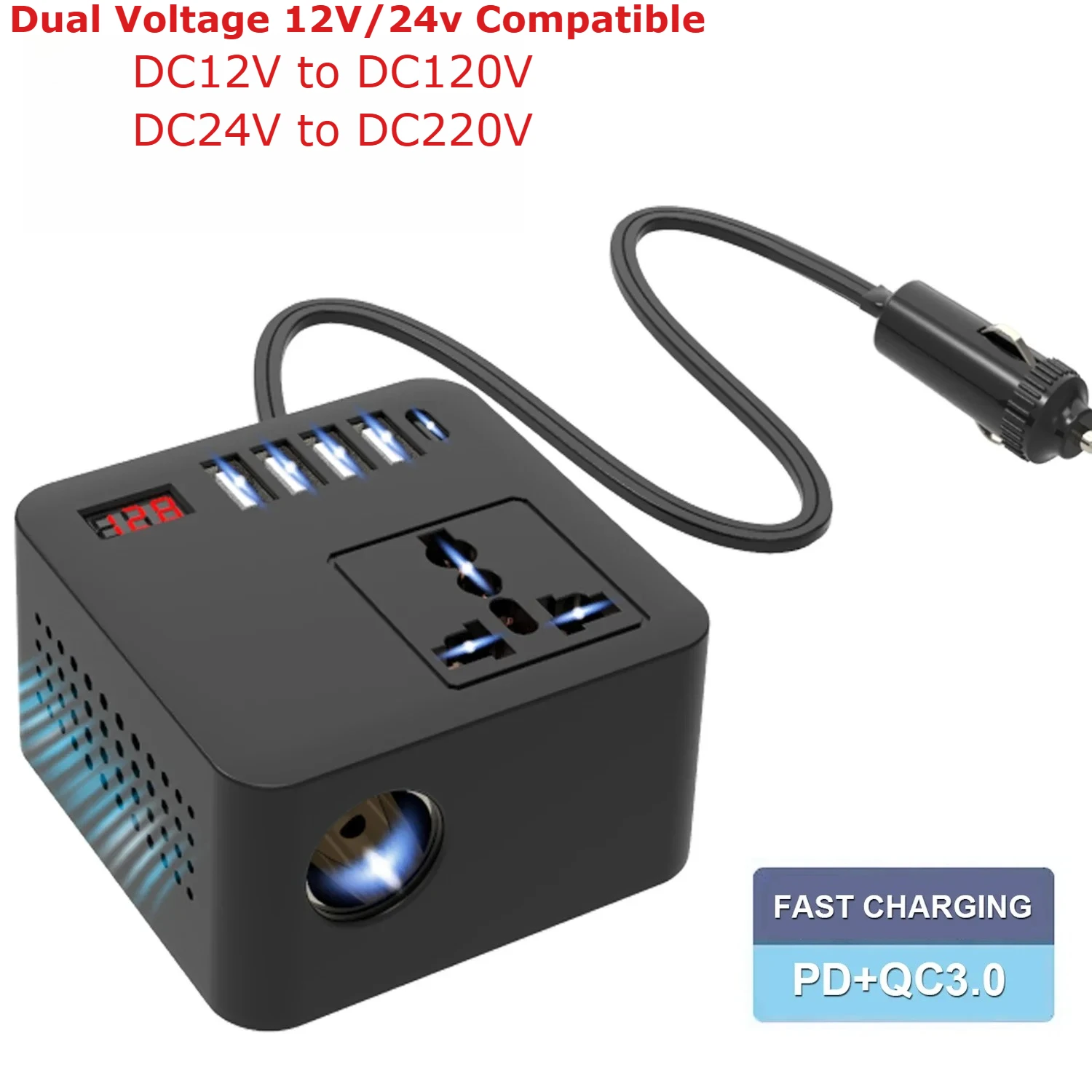 150W Automotive inverter DC12V/24V to DC120V/220V, Portable for car use, Outlet Power Car Inverter Adapter, PD QC Fast Charging