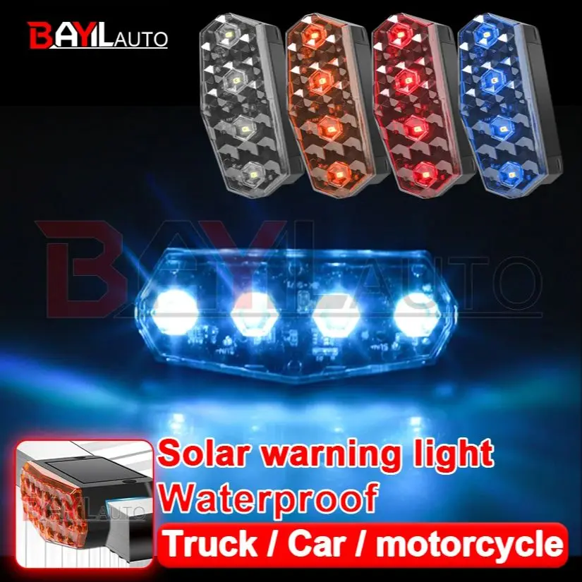 4Pcs solar warning light Red, white, blue, amber, LED flashing light For Truck Car motorcycle side lights Car decor Accessories