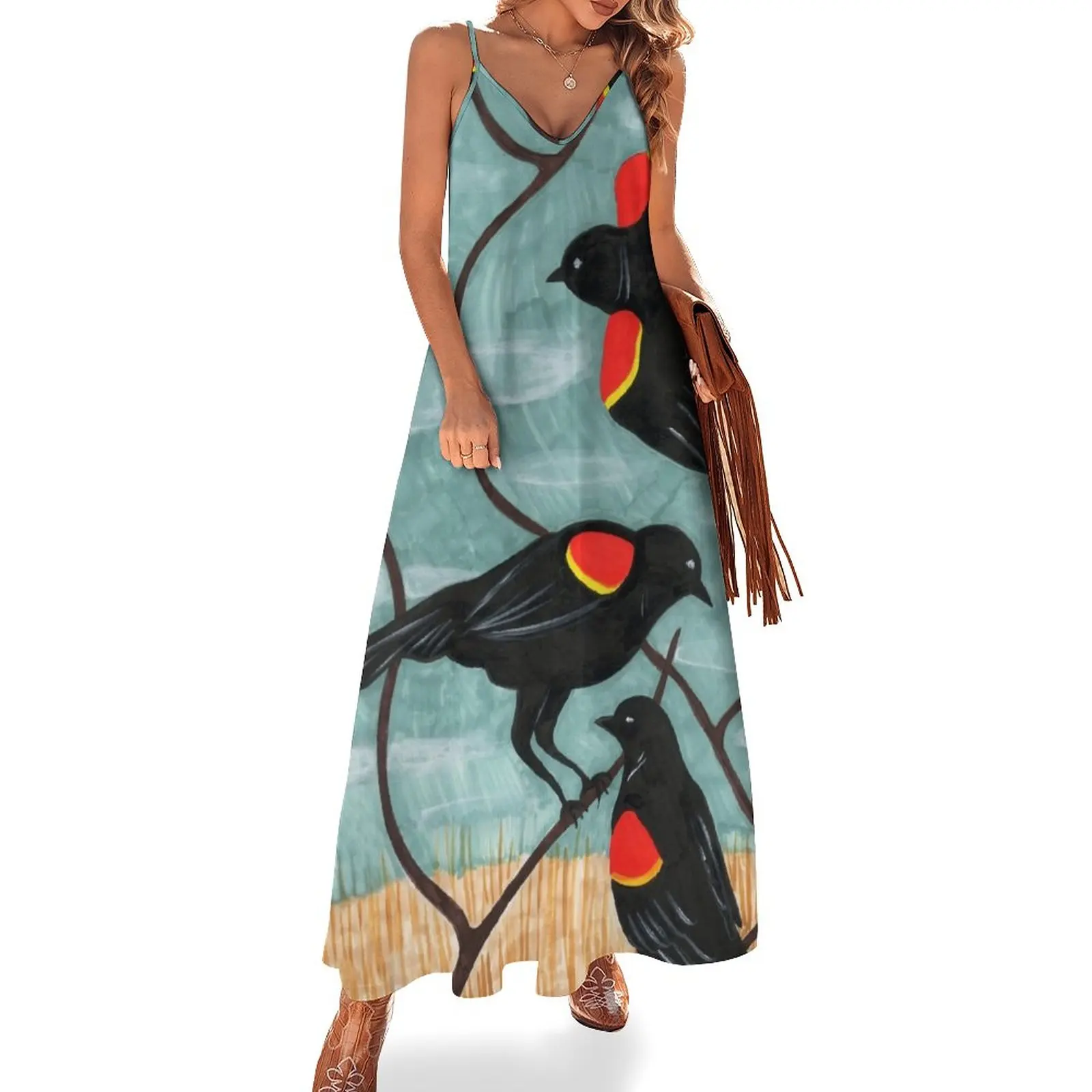 

Red Winged Blackbirds by Amanda Laurel Atkins Sleeveless Dress Woman dresses elegant dress