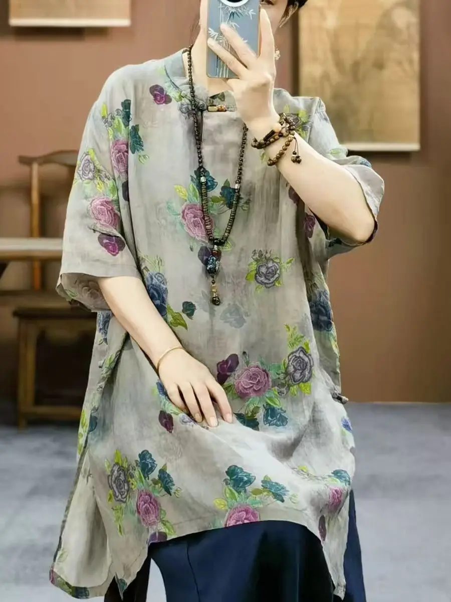 

Loose Mid-Length Shirt for Women Summer New Vintage Chinese Style Stand Collar Button-Print Casual Breathable Floral Shirt