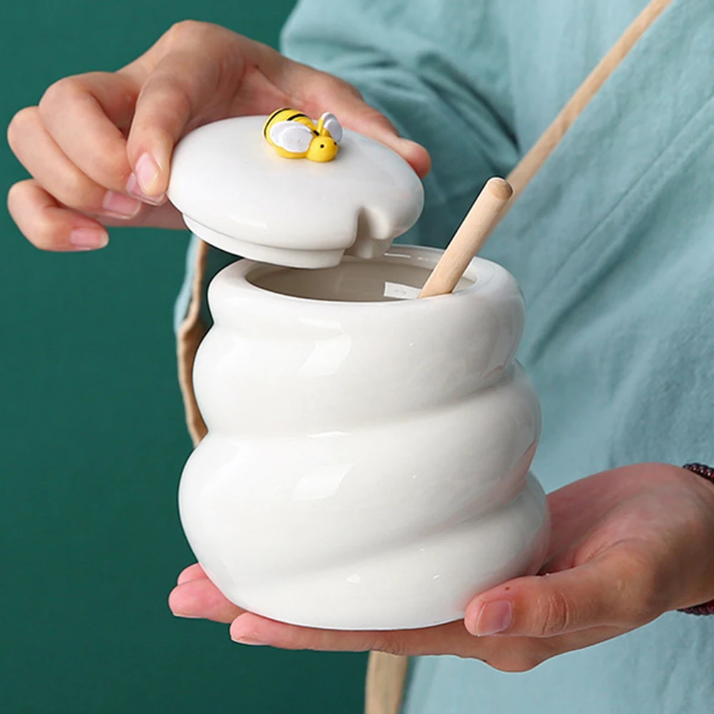

Ceramic Pot Container Dispenser Bottle Bee Syrup Lidded Honeypot Storage Kitchen Wooden Canister Tea Sugar Practical