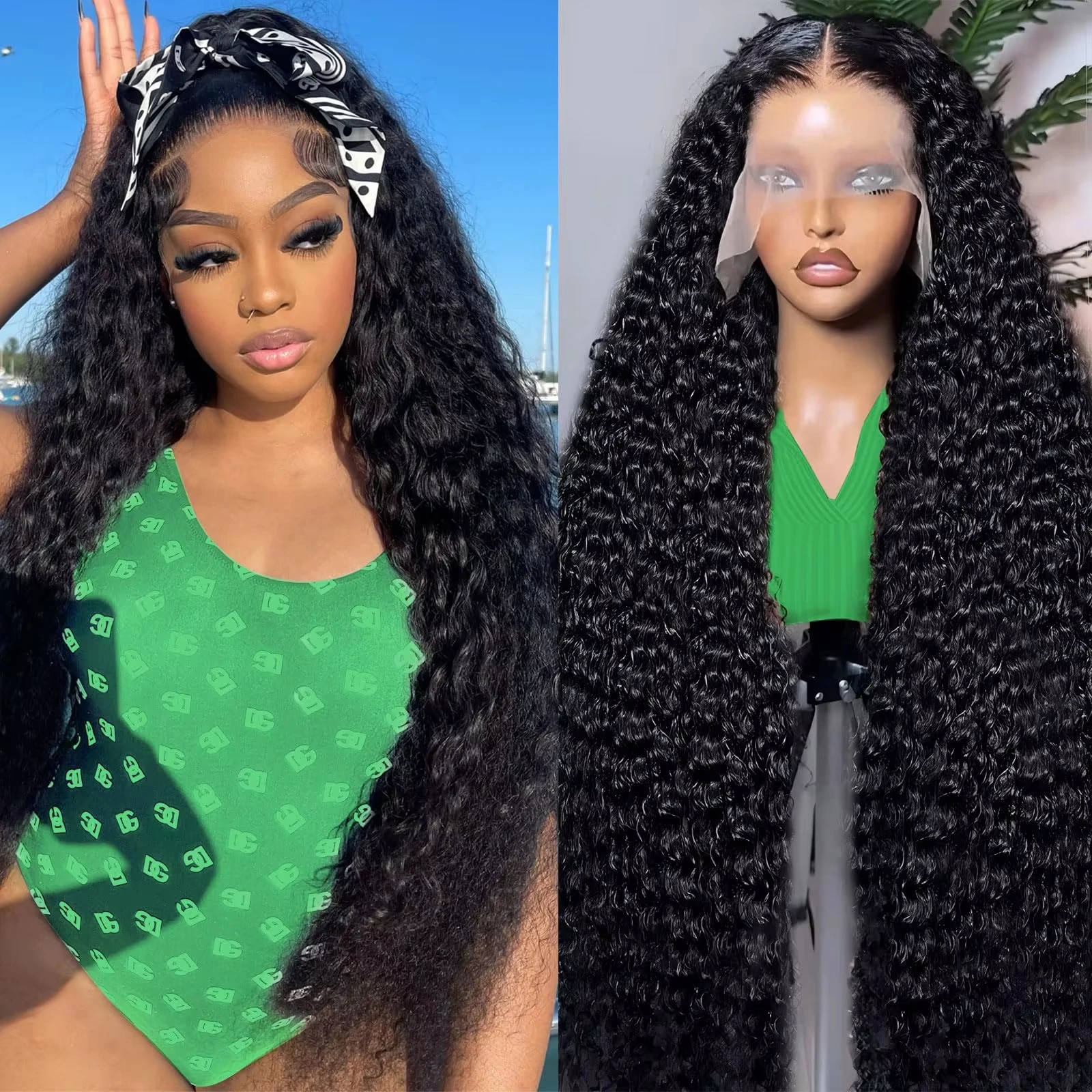 Curly Deep Wave 13x6 HD Transparent Lace Frontal Wig 32 Inch 200 Density 360 Full Lace Pre Plucked Natural Hairline Baby Hair Human Hair Wigs For Women