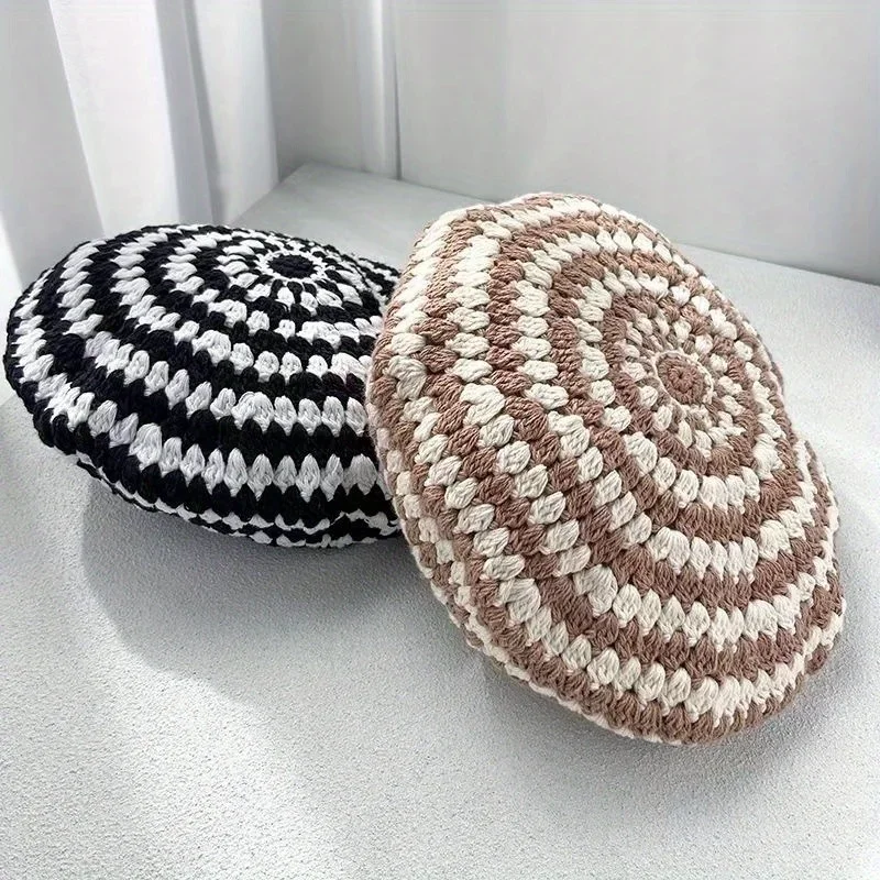 

Color Block Beret Openwork Knit Design Lightweight Breathable Newsboy Style for Women Spring Summer Fashion Headwear