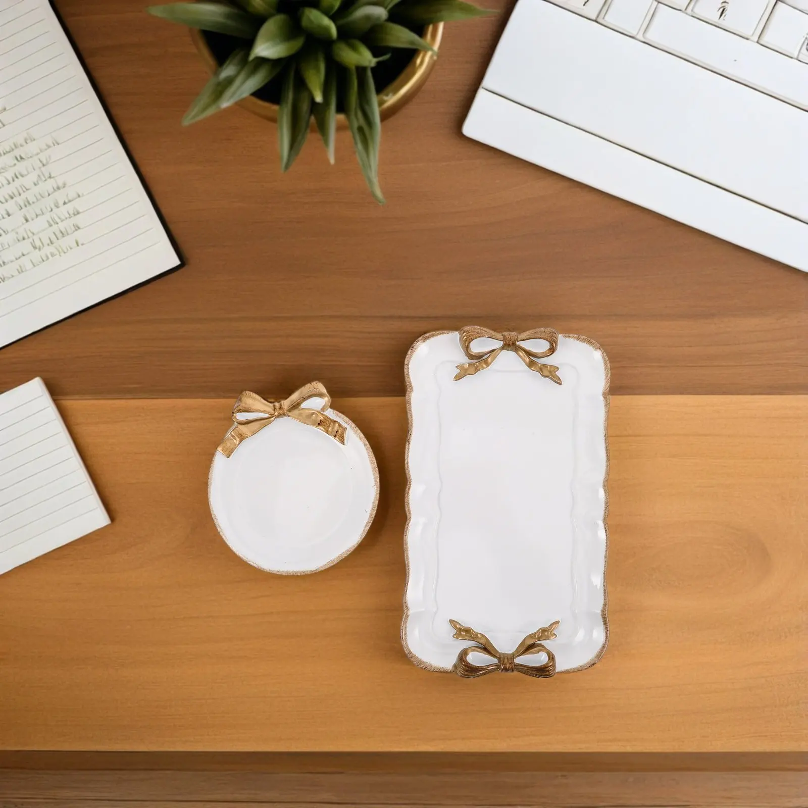 

2Pcs Bowknot Jewelry Tray Resin Vintage Decorative Vanity Rings Earring Organizer Trinket Storage Plate Display Holder