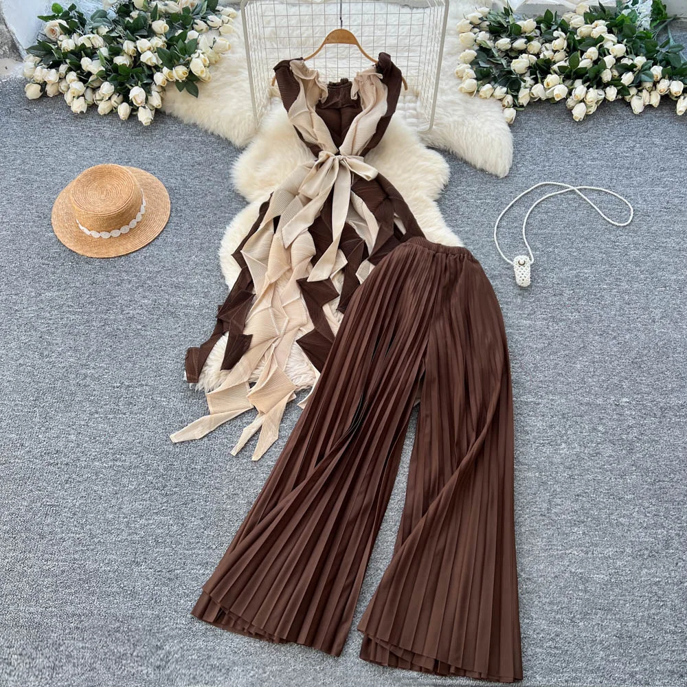 

Pant Set Women Two Piece Sets Sleeveless Irregular Tops Wide Leg Long Pants Pleated Elastic Waist Y2k Streetwear Work 2025