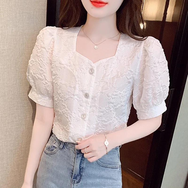 Vintage Summer Chiffon Shirts Women 2024 Elegant Fashion Short Sleeve Casual Blusas Korean Style White Puff Sleeve Tops Blouses