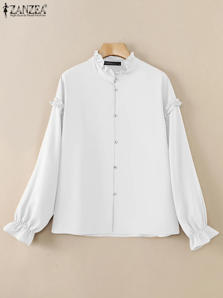 ZANZEA 2025 Spring Ruffle Collar Chemise Femme Lantern Sleeves Long Sleeve Women Button Up Blouses Casual Elegant Solid Shirts