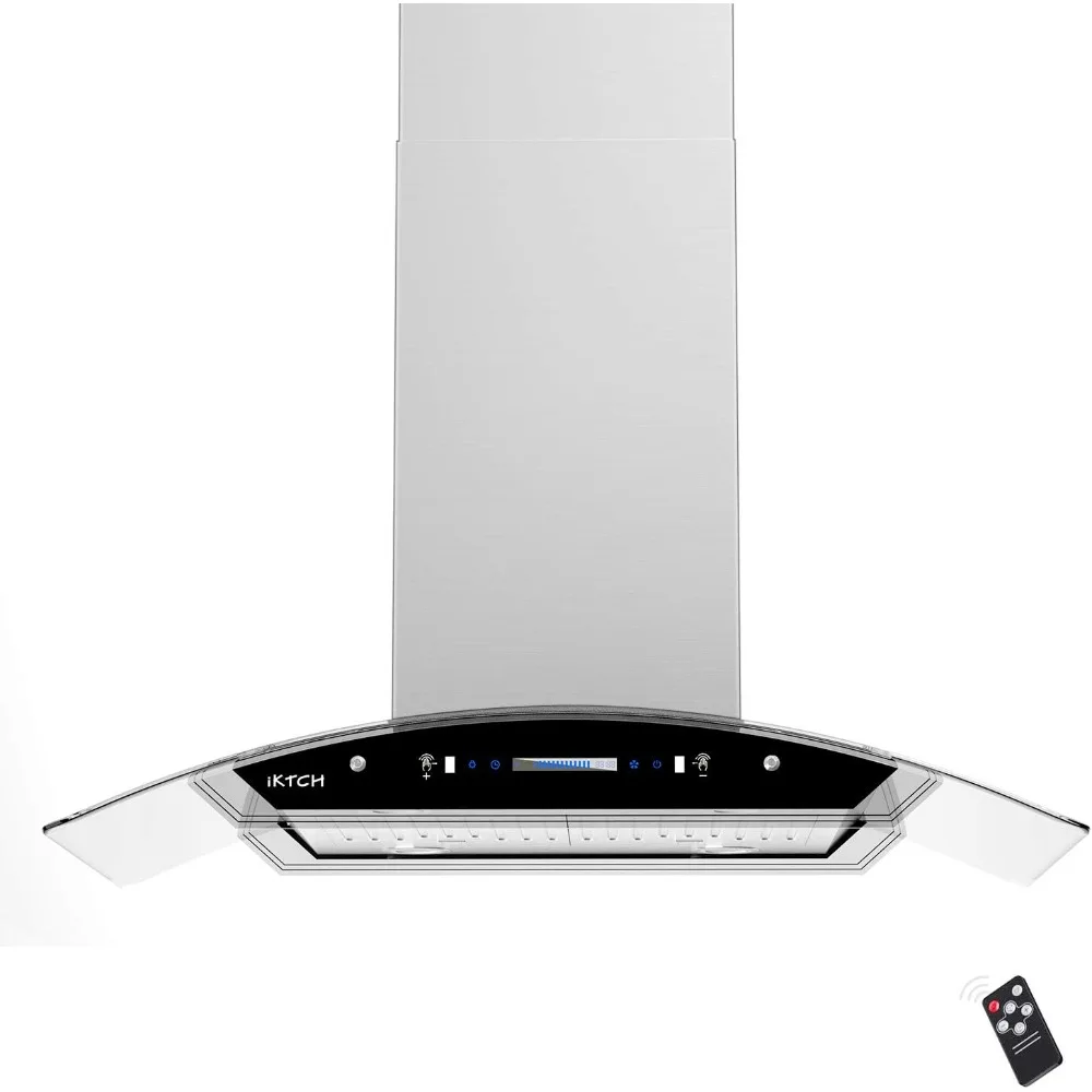 Atualizado em aço inoxidável e vidro temperado Range Hood, 36 "Island Mount Range Hood,900 CFM, ducted Range Hood com ventilador de 4 velocidades