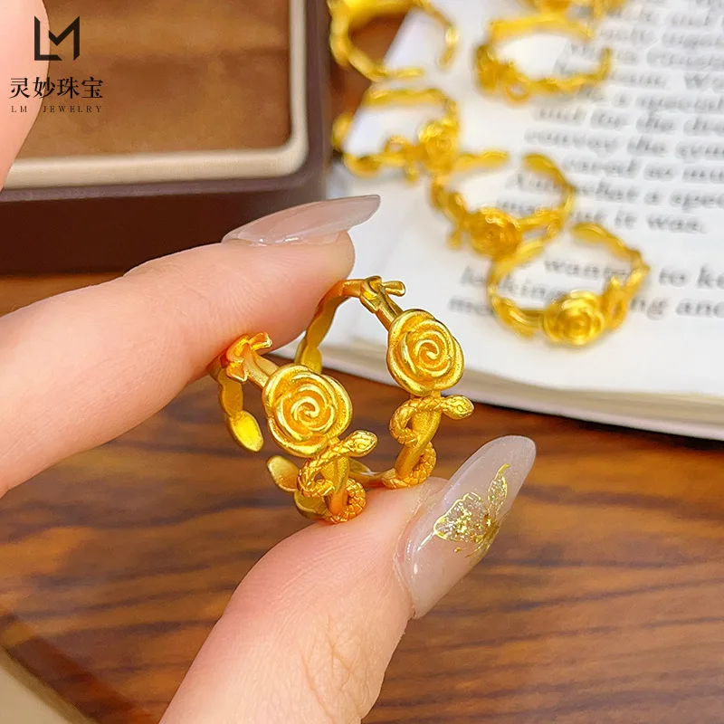 

Роскошные ювелирные изделия из настоящего золота 9999 24 карата, кольцо с духовной змеей и розой, шелковое кольцо, универсальный темпераментный подарок подруге