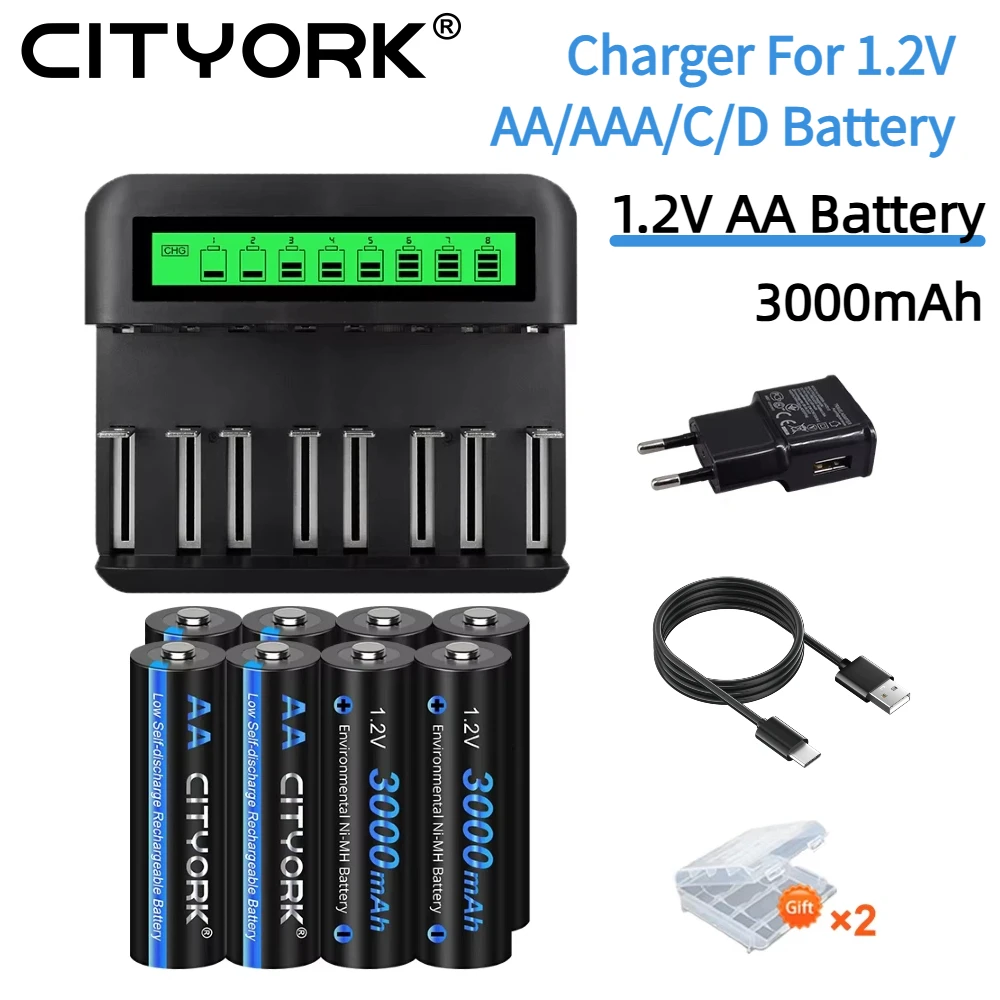 CITYORK AA 1.2V 3000mAh nimh rechargeable battery aa batteries + Battery Charger for 1.2V AA/AAA C/D Rechargeable Battery