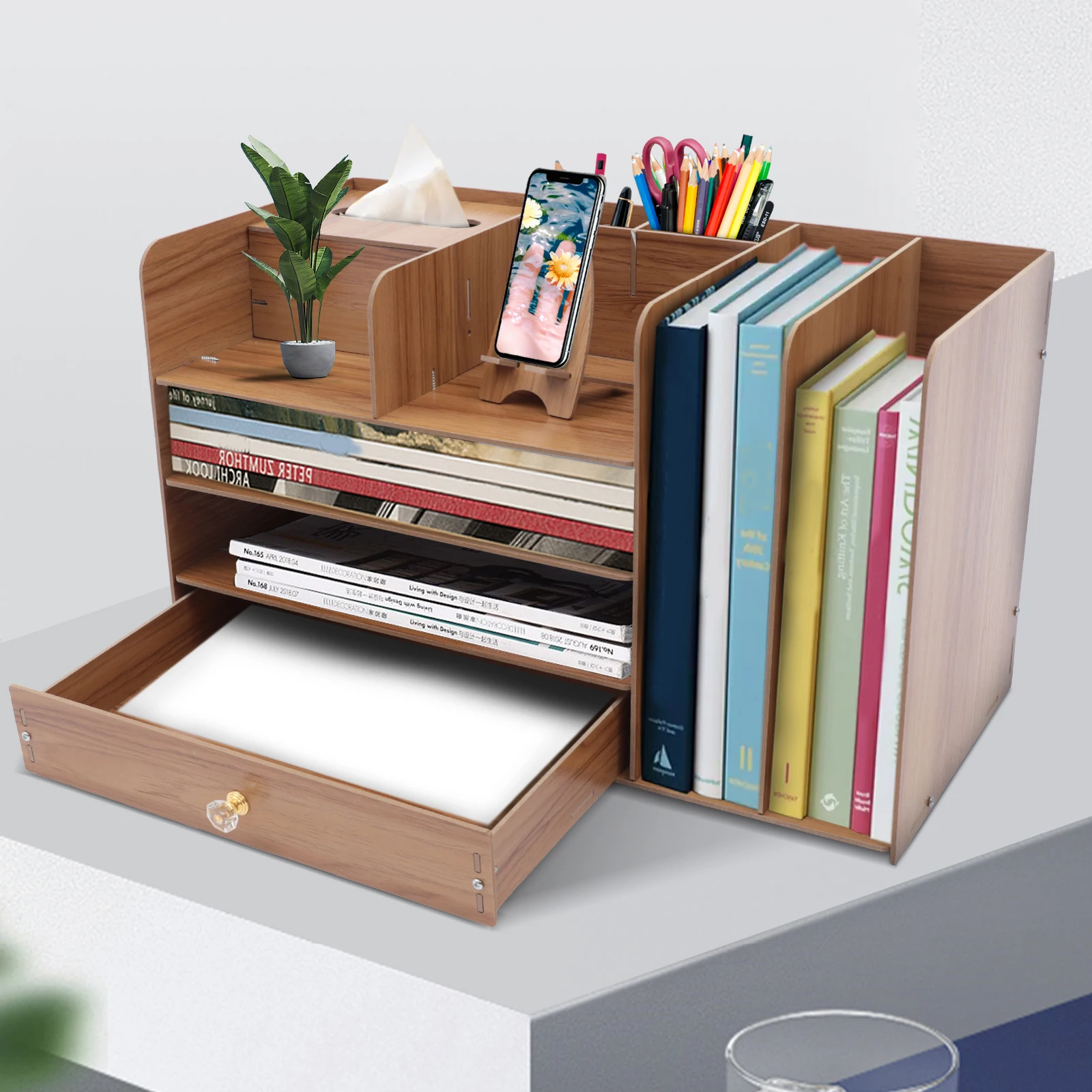 4-lagiger Desktop-Organizer, A4-Datei-Organizer, Büro, Schreibwaren, Buch-Aufbewahrungsregal mit Telefonständer, Taschentuchbox, 48 x 23 x 28 cm