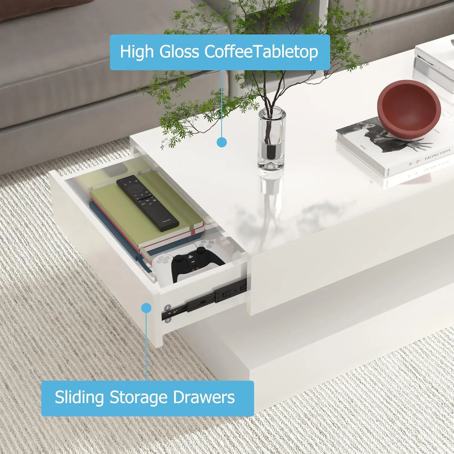 47.3in Large High Glossy LED Coffee Table With 2 Storage Drawers,Black/White Modern Coffee Tables For Living Room,