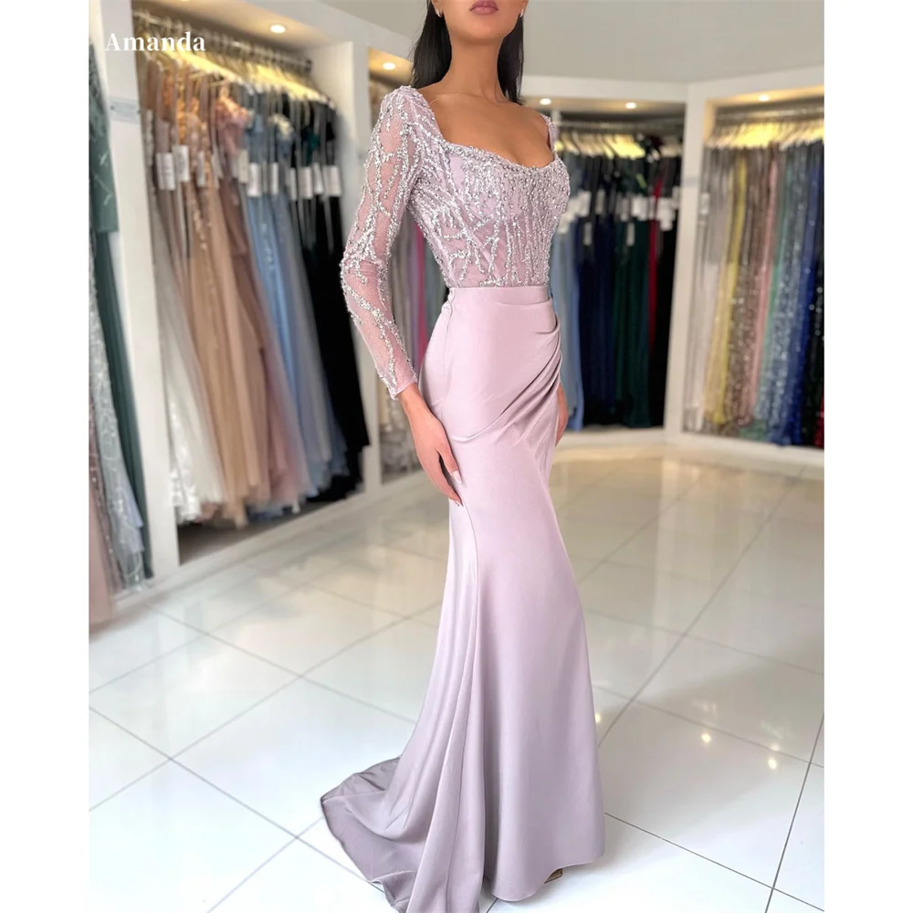 Amanda Lavender Beaded Prom Gown Mermaid Satin Evening Formal Elegant Long Sleeves Floor-length Heart Shaped Neck Party Dresses