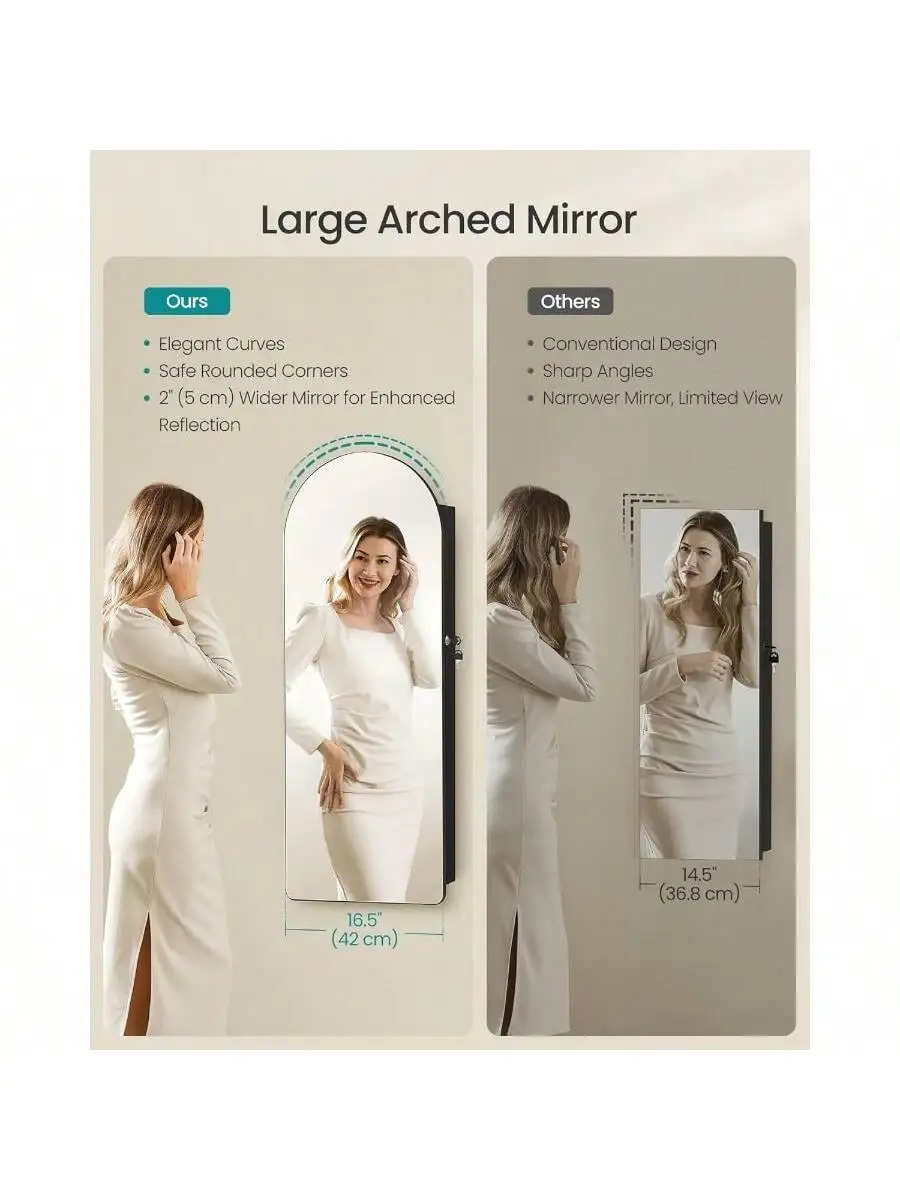 SONGMICS Wide Jewelry Organizer, LED Jewelry Cabinet Wall/Door Mounted, Arched Mirror with Storage, Lockable, Rounded Corner
