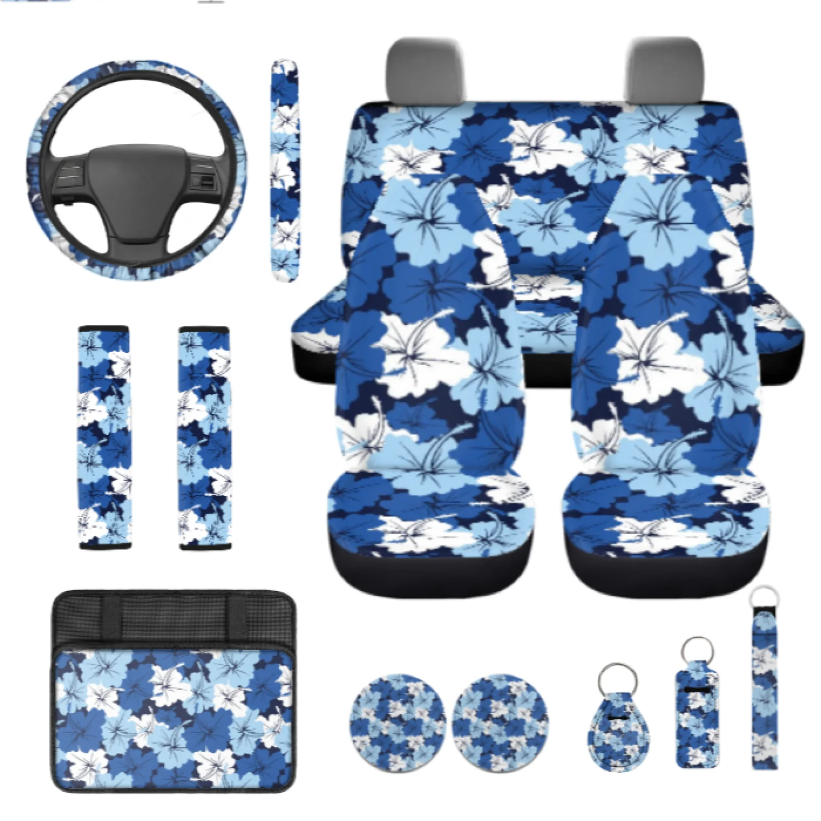 Coloranimal Blue Floral Print 13-Piece Car Interior Set with Breathable Car Steering Wheel Cover and Keychain for Auto Interior