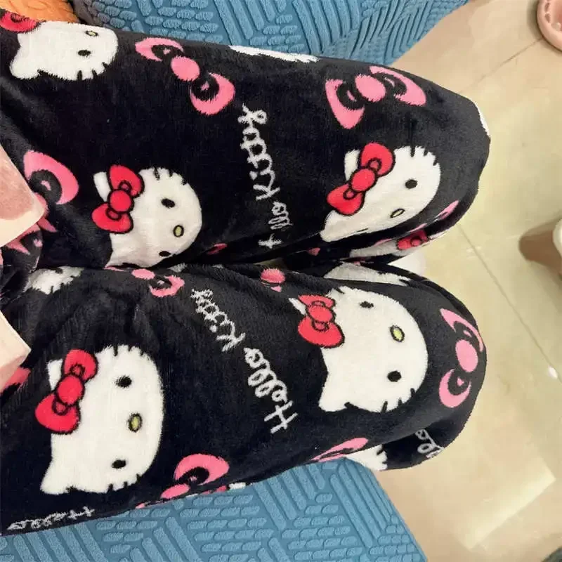 Утепленные пижамные штаны Hello Kitty на хэллоуин, флисовые мягкие двойные эластичные брюки из аниме Sanrio, женские мультяшные подарки на день рождения