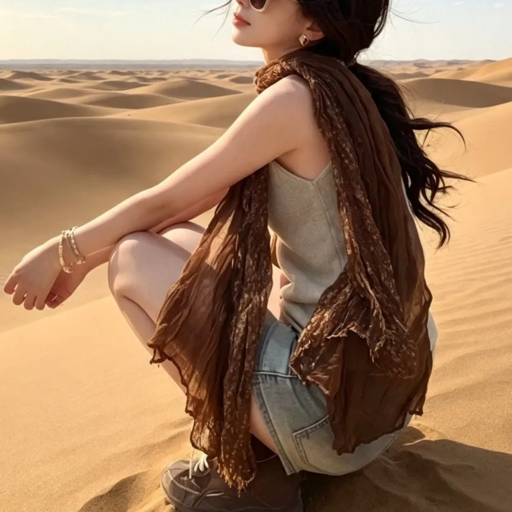 Multi-purpose Flower Printed Pleated Scarf Color Block Yarn Neck Wrap Large Size Shawl Neck Warmer Winter