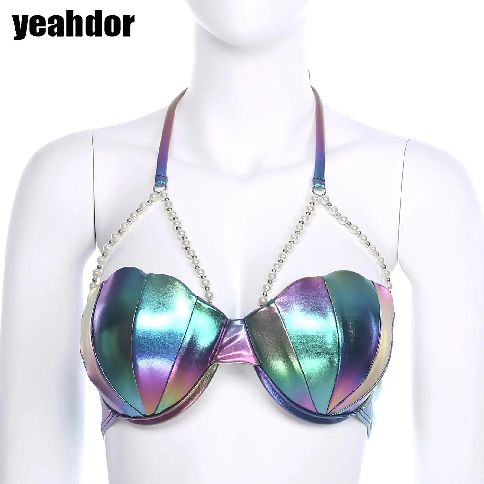 

Women Shiny Bikini Bra Top Halter Neck Sheel Mermaid Swimwear Bead Chains Padded Bra Swim Top Hawaii Beach Party Bathing Suit