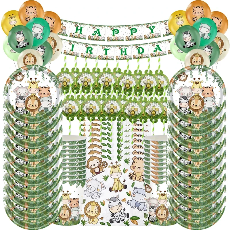 81pcs Jungle Animal Tableware Set For Kids Birthday Party Decorations Paper Plates Cups Forest Safari Theme Party Bady Shower