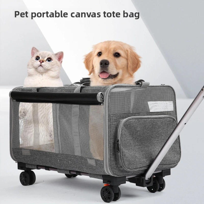 Breathable Double Layer Pet Rolling Luggage Dual Isolation Compartment Large Capacity Foldable Pet Trolley Carrier For Two Pets