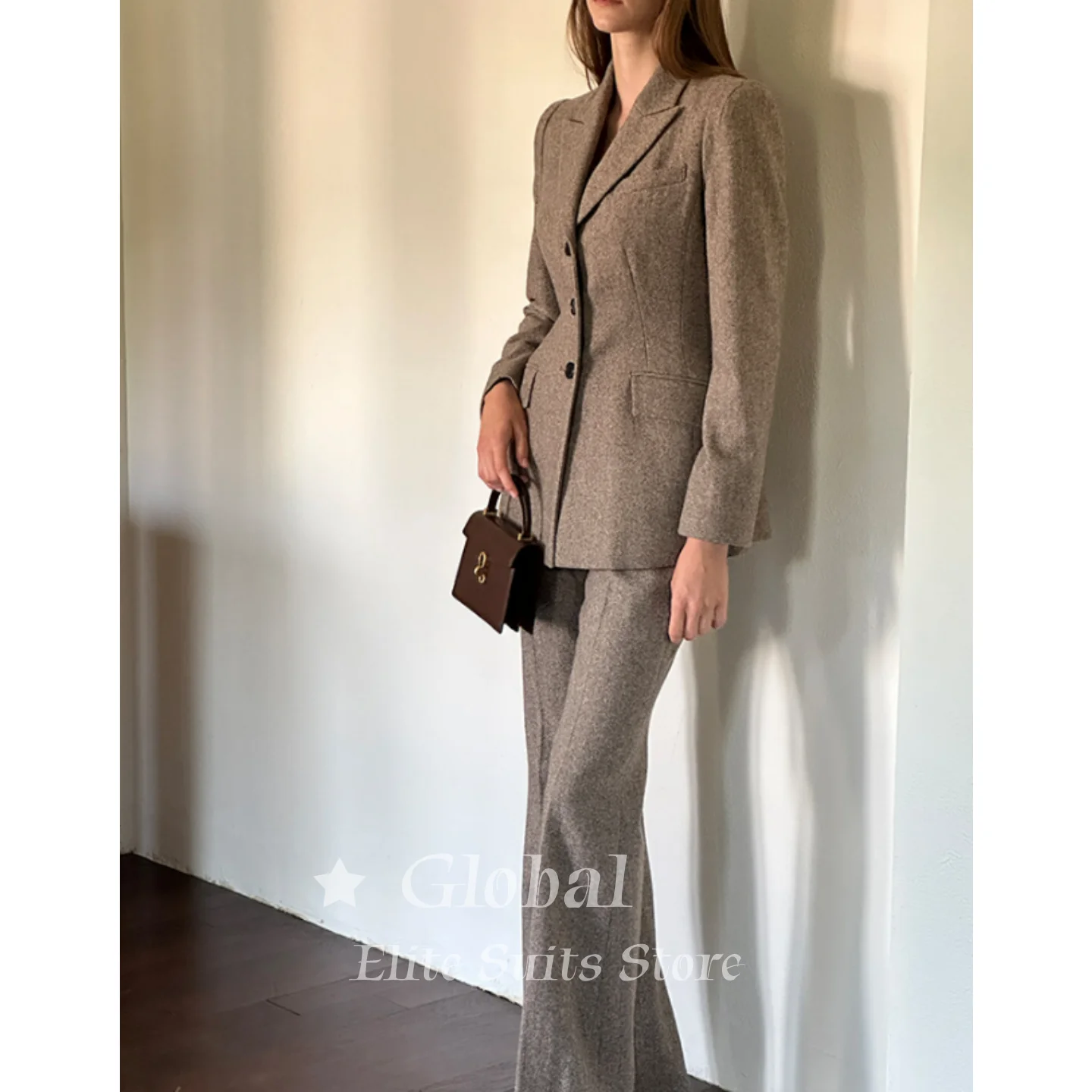 Women's Brown Wool 2 Piece Suit Notched Lapel Single Breasted Slim Fit Formal Business Office Blazer Flare Pants Set Customized