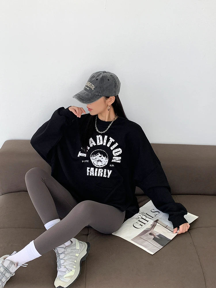 

Женская толстовка Laid-ba Lazy с круглым вырезом, свободного кроя, с заниженной линией плеч, длинными рукавами, в уличном стиле, из хлопка, средней длины, с буквенным принтом