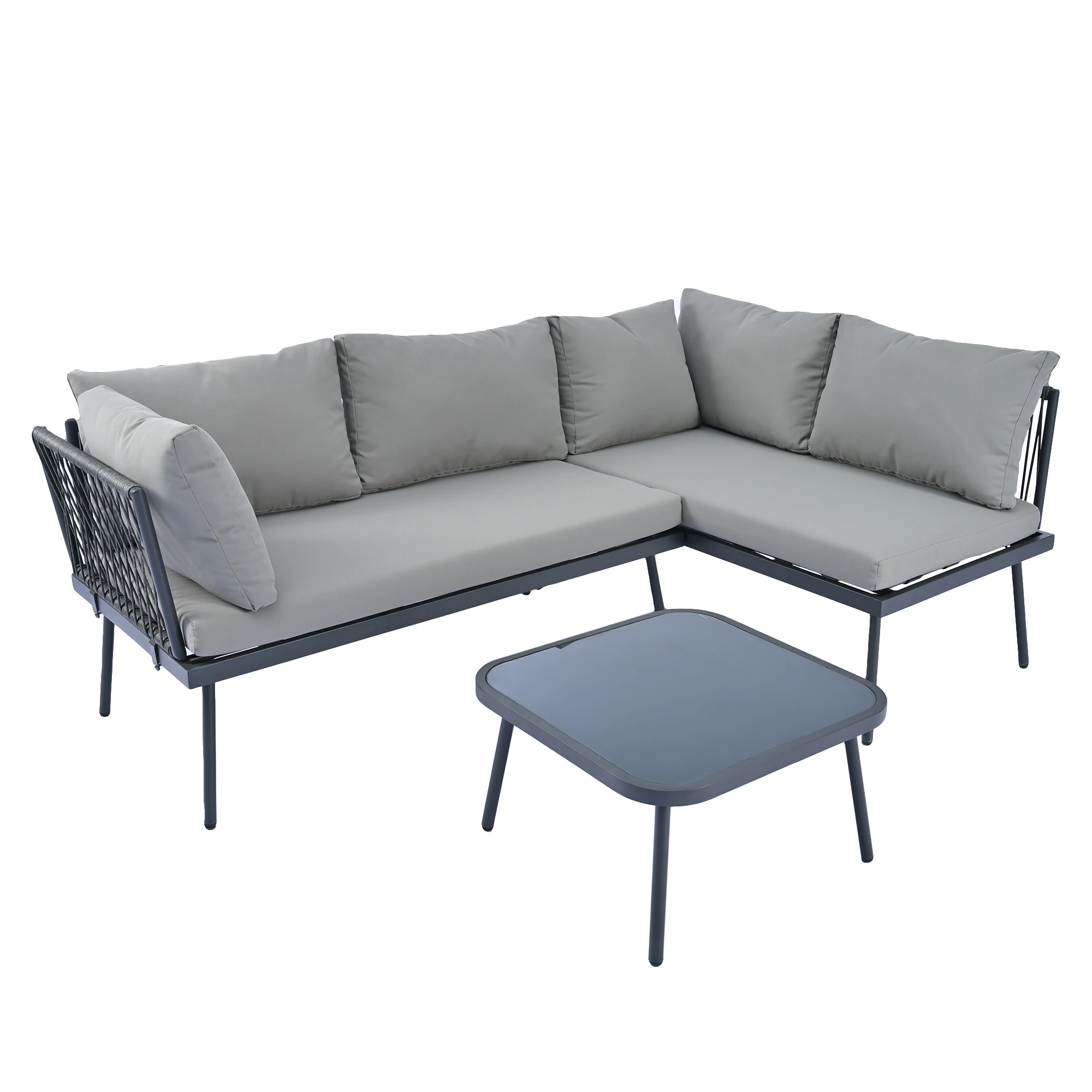 Modern Outdoor 3-Piece PE Rattan Sofa Set All Weather Patio Metal Sectional Furniture Set with Cushions and Glass Table for Back