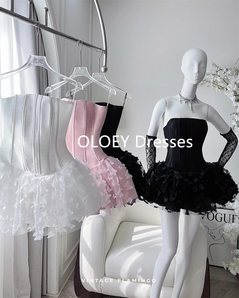 OLOEY Modern Strapless Puffy Prom Cocktail Dresses 3d Butterflies Customized Mini Wedding Party Gowns Zipper Corset Back