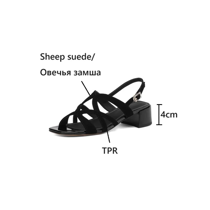 NEW Summer Women Sandals Square Toe Chunky Heel Shoes Sheep Suede Leather Shoes for Women Concise Narrow Band Handmade Shoes