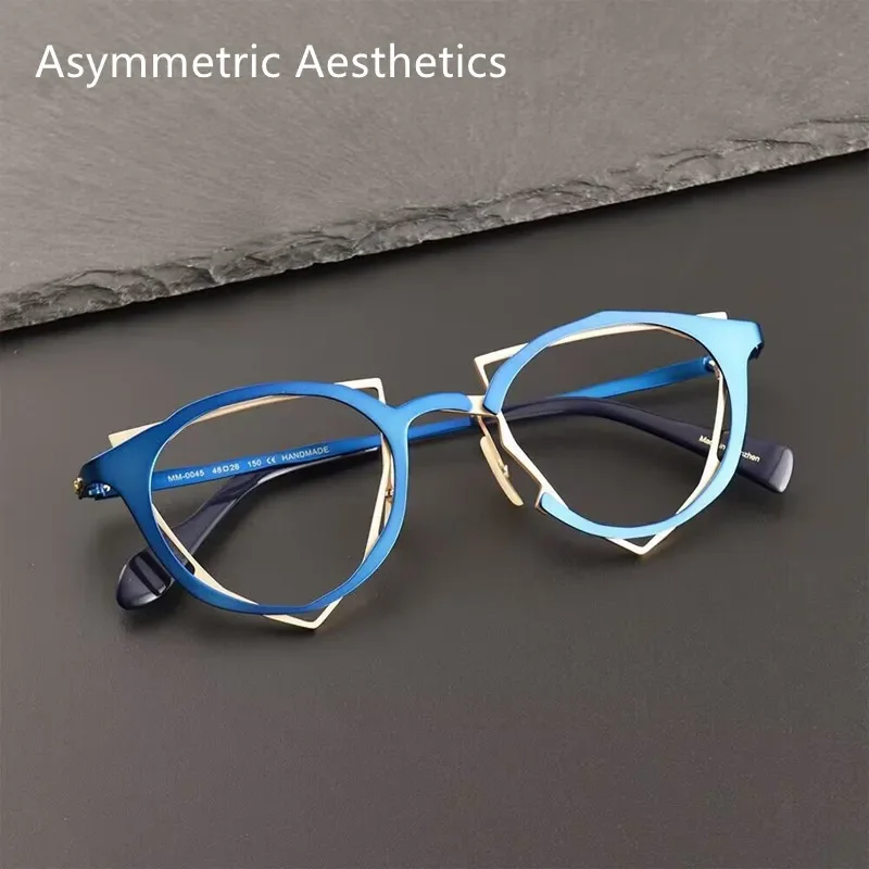 Light Luxury Stylish Brand Pure Titanium Glasses Men Frame Retro Round Handmade Eyeglasses Women Oculos Asymmetric Eyewear