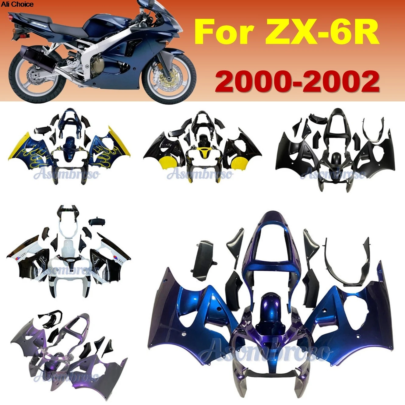 

Sportbike Aftermarket Body Parts ZX 6R 2000-2002 ZX-6R Fairings ZX6R 2001636 Injection ABS Body Kit Custom Design