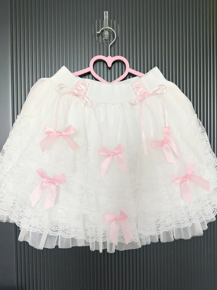 

Кружевные шорты, юбки, женские летние банты, украшения на шнуровке, эластичная талия, белая многослойная юбка