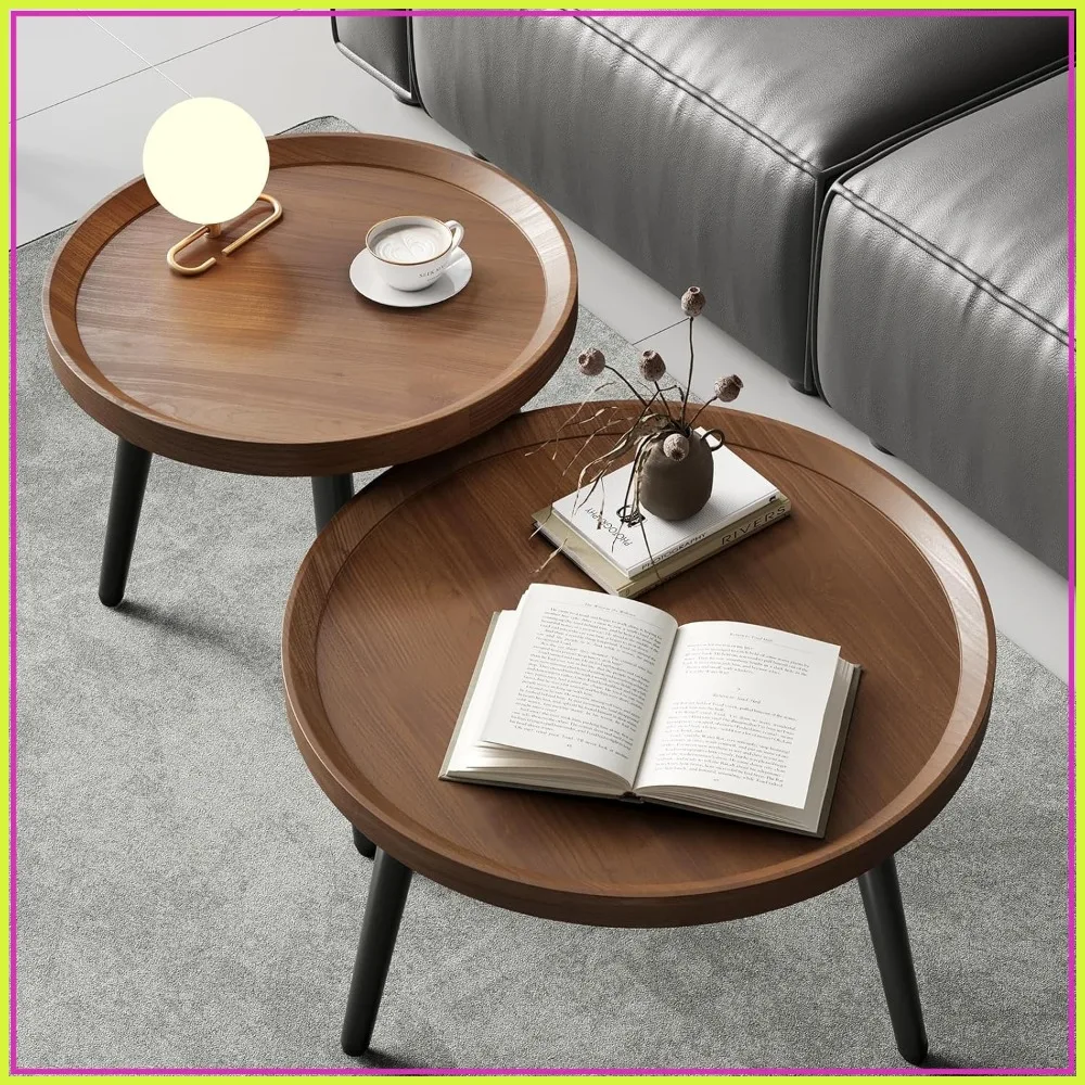 

2 PCS Small Round Coffee Table Set, Mid Century Modern Nesting Tables for Living Room, Walnut Circle Wood Center Table, Black