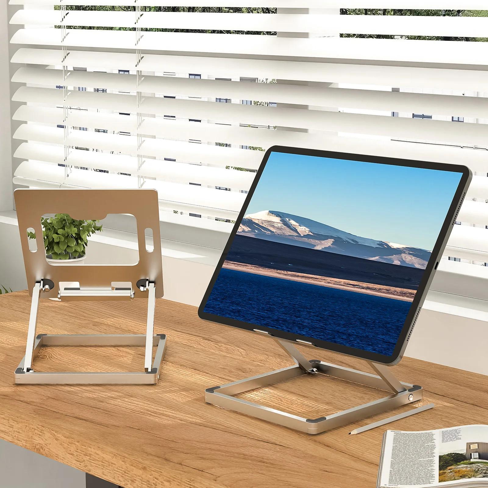 xnyocn Aluminum Alloy Tablet Stand Desktop Height Adjustable Holder With Storage Box Home Office Bracket For iPad 4 To 13 Inch