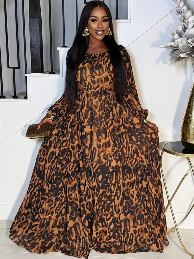 Doyerl Leopard Print A-line Maxi Dress Women Spring Autumn Lantern Sleeve Open Back Club Party Long Dresses Vestidos De Fiesta