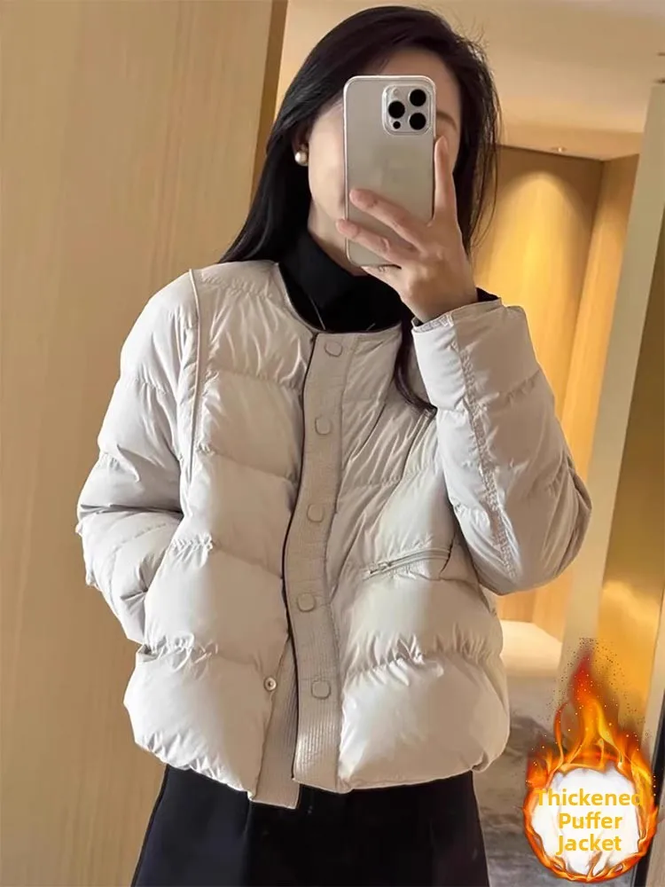 Slimming Effect Short round Neck Cotton Jacket Women's Fashion Korean Style Bread Design Outerwear Straight Cut Thickened Lon...