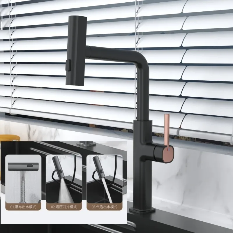 

Ares Idealex Contemporary Gold Black Kitchen Faucet Single-Hole Single-Handle Waterfall Tap with Pull-Out Feature Hot Seller