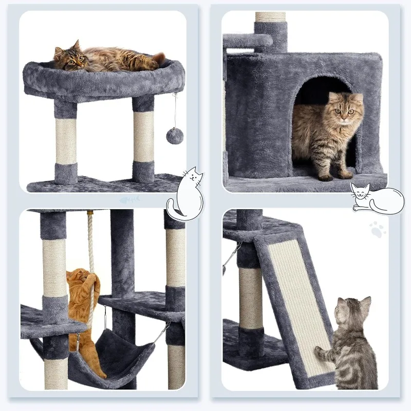 Large Multi-Level Cat Tree, 63 Inches Tall with Sisal-Covered Scratching Posts, Condo, Hammock, Dangling Ball