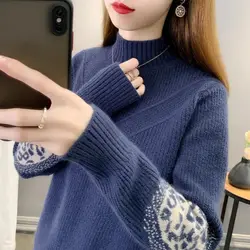 Women's Clothing Autumn Winter Half High Collar Pullover Lantern Long Sleeve Sweater Knitted Geometric Screw Thread Elegant Tops