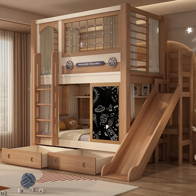 Litera de madera maciza, cama alta y baja para niños, litera, camas superiores e inferiores de dos capas con diapositivas no interferencias con cada uno