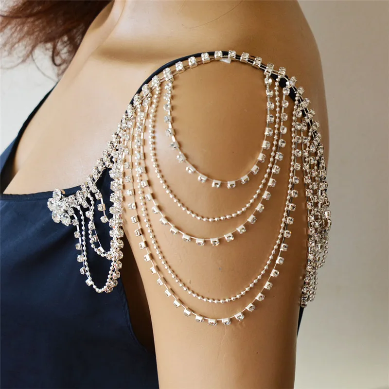 Fashion New Rhinestone Multi layered Tassel Shoulder Chain Wedding Party Shoulder Chain Super Sparkling Crystal Body Chain