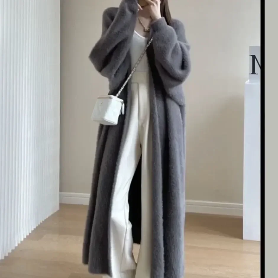 Women\'s Sweater Autumn and Winter Long Mink-like Wool Cardigan Loose Thick Mid-Length Idle Style Knitted Coat