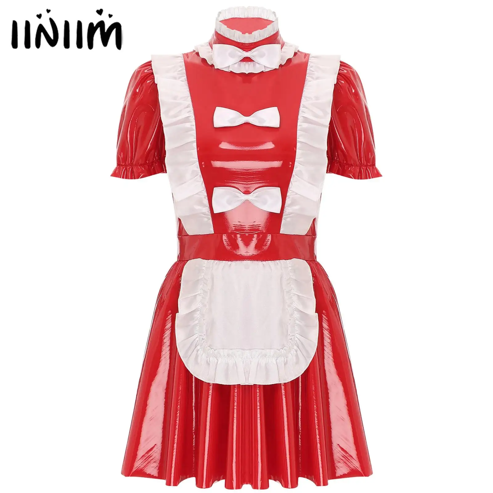 Womens Glossy Patent Leather Maid Cosplay Dress Ruffles Trims Bow Apron Puff Sleeve A-Line Dress Naughty Maid Uniform Clubwear