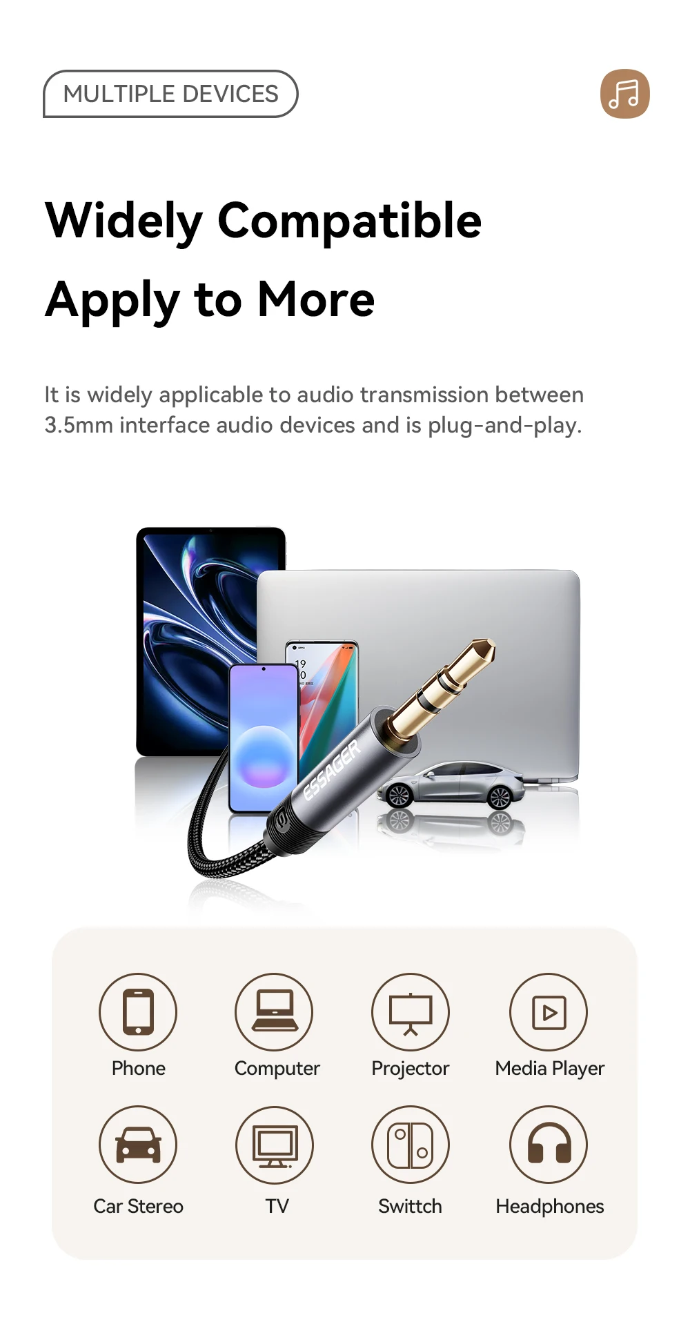 Essager 3,5-mm-Klinken-Audiokabel, 3,5-mm-Stecker auf Stecker, Audio-Aux-Kabel für Telefon, Kopfhörer, Autolautsprecher, Computer, Aux-Kabel 3M 5M – Detail 3