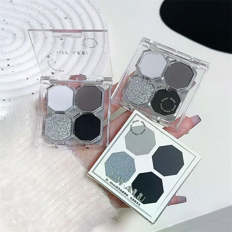 DIKALU 4-Color Punk Smokey Matte Glitter Eyeshadow Palette Shimmer Eye Shadow Makeup Palette Cool Toned Gray Black Eye Palette