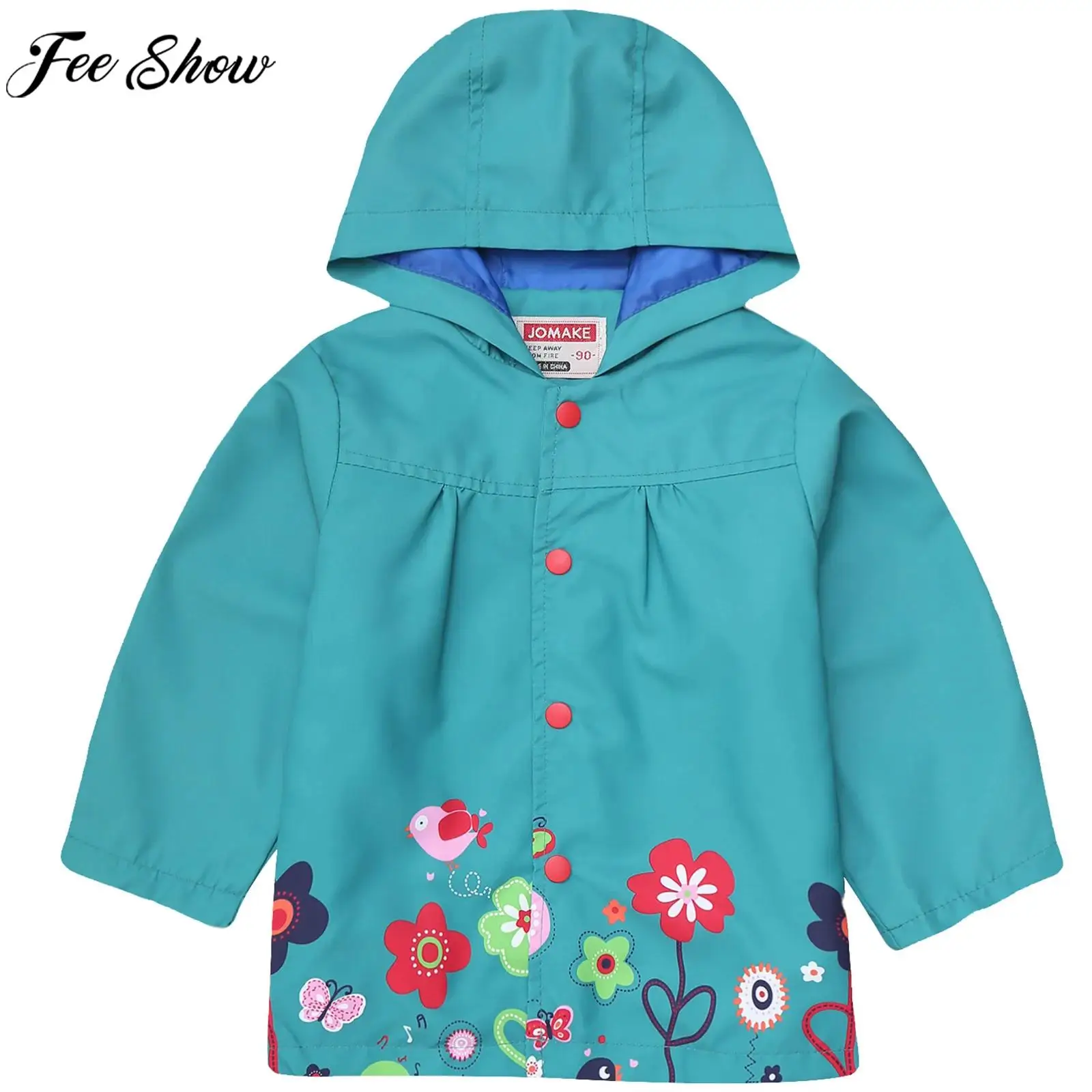 Toddler Girls Windproof Hooded Trench Coat Long Sleeve Press Button Cute Print Jacket Outerwear for Daily School Outdoor Camping