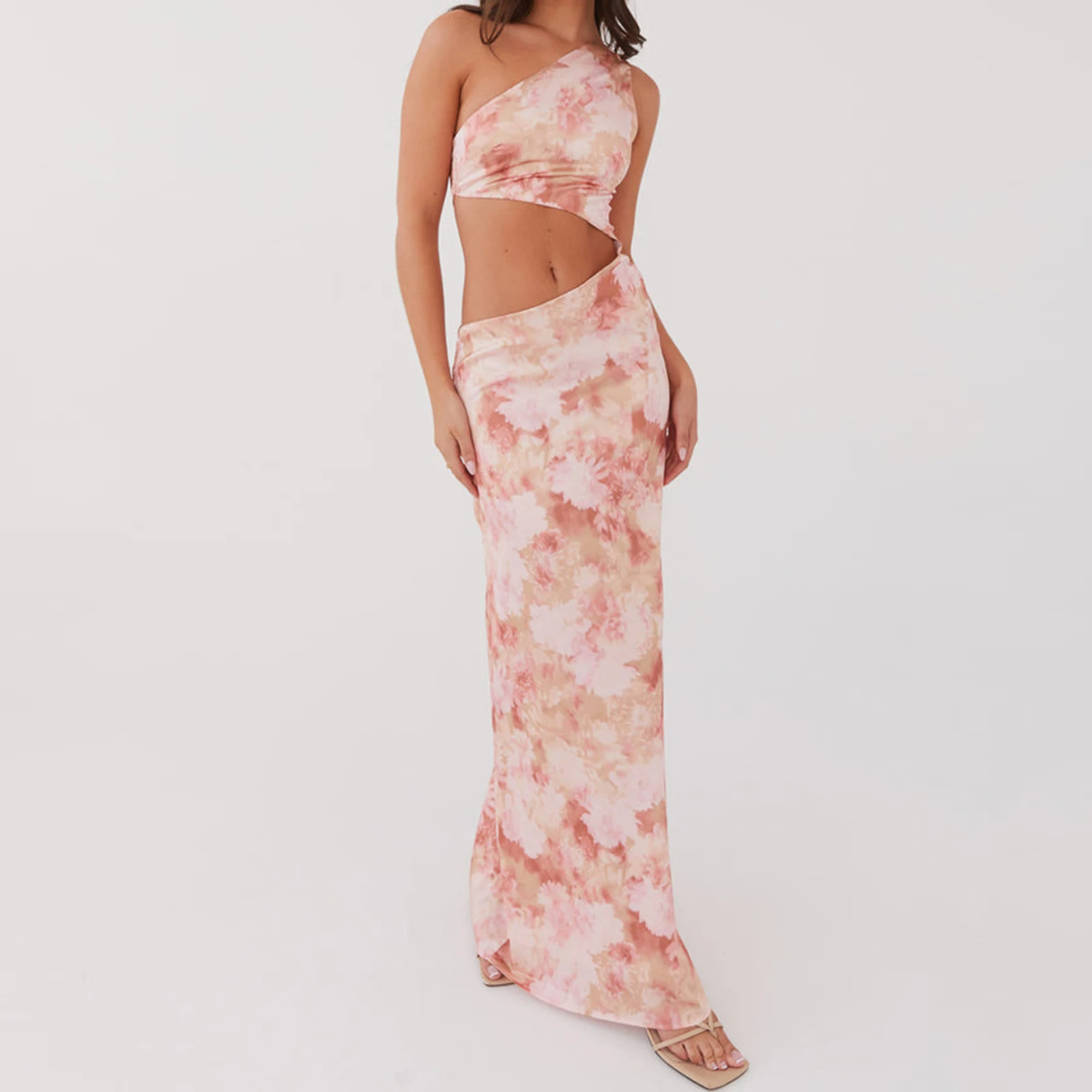 Combhasaki المرأة الصيف عادية أكمام واحدة كتف واحد الخصر انقطاع الأزهار التعادل صبغ طباعة سليم صالح ألف لين تانك فستان طويل