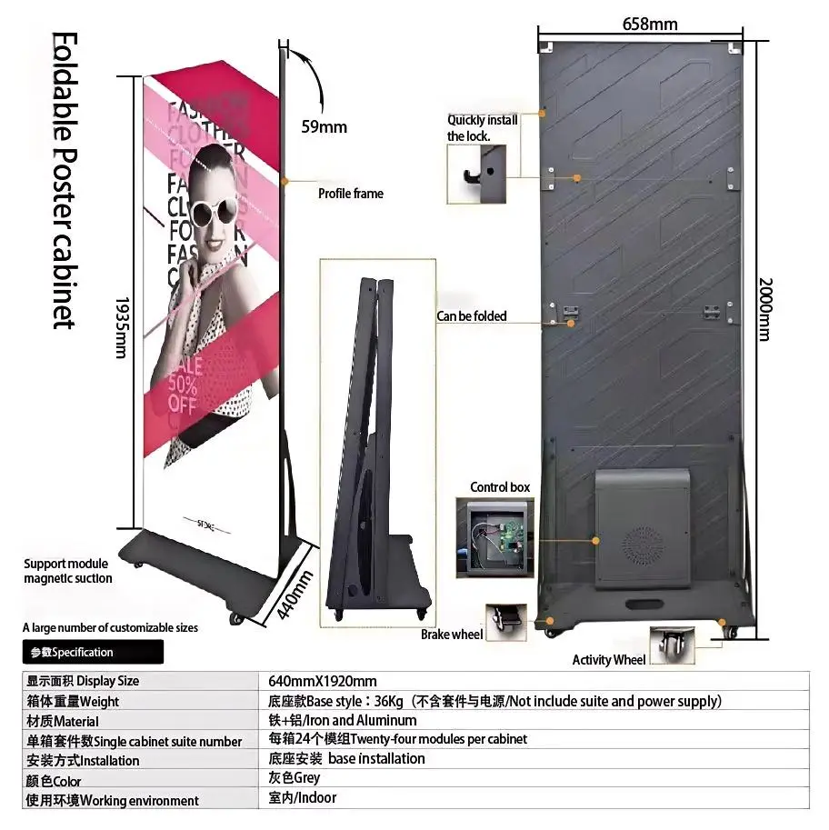 Publicidad interior móvil, triple pliegue, 3 lados/plegable, pancarta Led P2.5, pantalla de visualización de carteles LED Digital de alto brillo