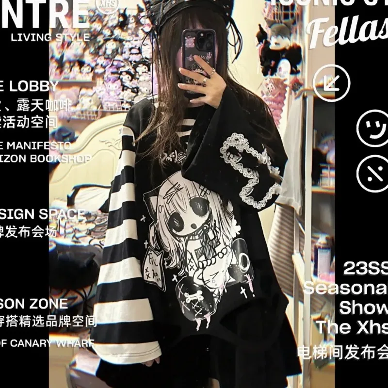 

Gothic Original Subculture Cartoon Aesthetics Hoodie Lace Y2k Women Sweatshirt Japanese Kawaii Pullover Hooded Tops Black White