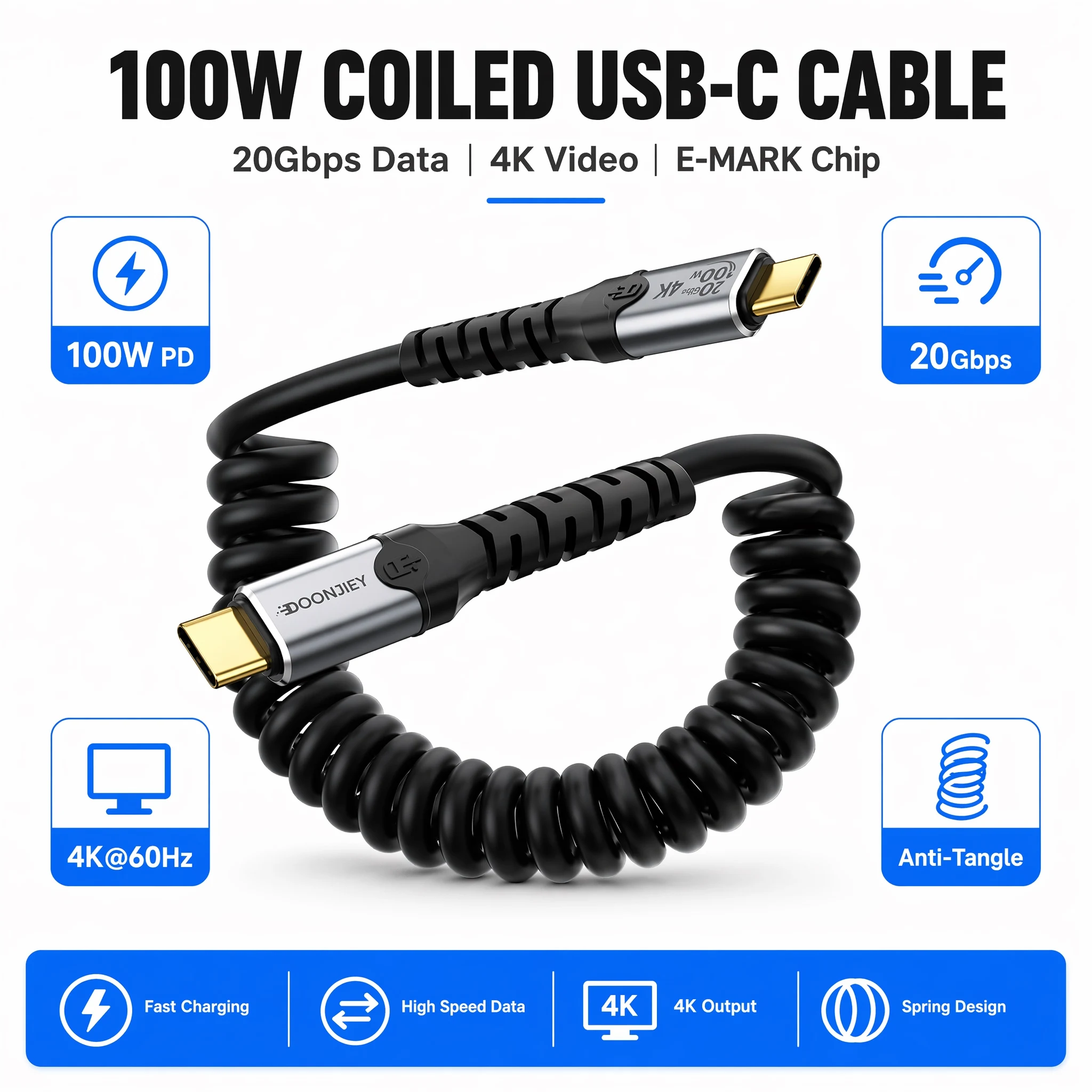 USB3.2 Type C To Type C Cable 100W PD Fast Charging 20Gbps Data Transfer 4K60Hz Video OTG Spring Retractable Elastic Cable